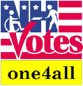 Red white and blue logo with the the word VOTES and a yellow banner with the words one4all