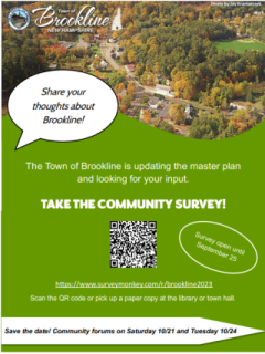 green background with text and qr code, arial photo of brookline