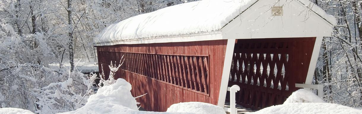 Covered bridge with roof covered in snow, with snow in foreground, surrounded by trees with snow covering bare branches